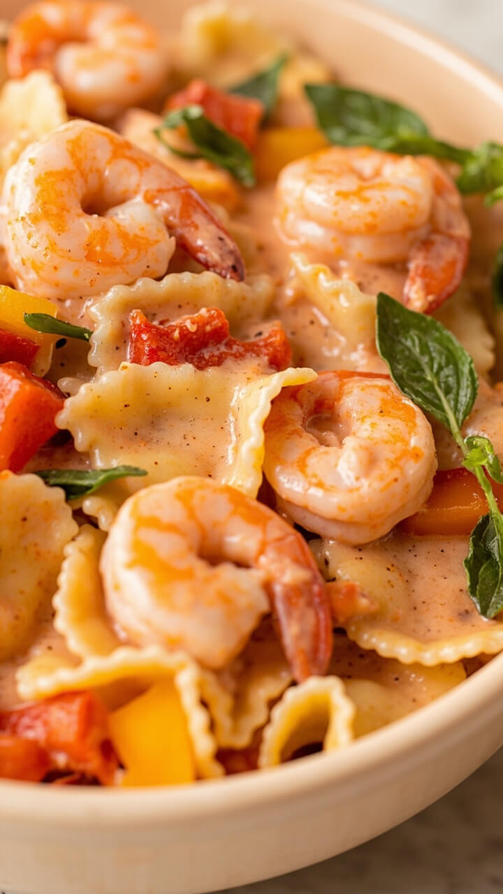 A cream-colored ceramic bowl with farfalle pasta coated in pale pink roasted red pepper cream, shrimp arranged on top, a scattering of finely diced peppers, and sprigs of fresh basil accenting the look. A cream-colored ceramic bowl with farfalle pasta coated in pale pink roasted red pepper cream, shrimp arranged on top, a scattering of finely diced peppers, and sprigs of fresh basil accenting the look.