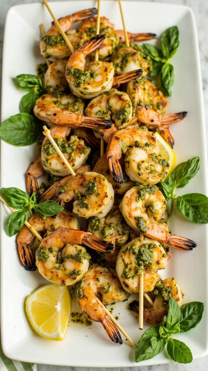 Grilled shrimp threaded onto bamboo skewers and brushed with glossy green pesto, served on a long rectangular platter with lemon wedges and a scattering of fresh basil leaves.