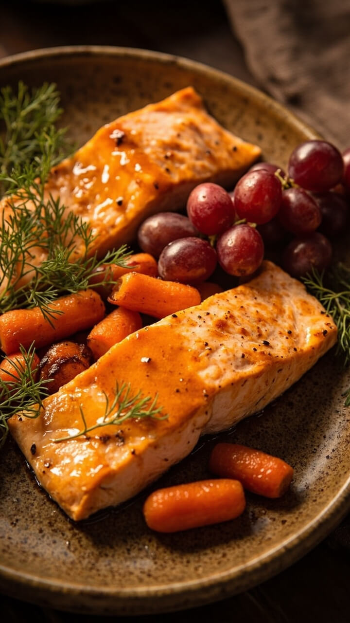 Salmon fillets glazed with a shiny maple-mustard topping, nestled beside roasted baby carrots and a cluster of purple grapes on a rustic speckled plate. Chopped dill is scattered on the fish. Salmon fillets glazed with a shiny maple-mustard topping, nestled beside roasted baby carrots and a cluster of purple grapes on a rustic speckled plate. Chopped dill is scattered on the fish.