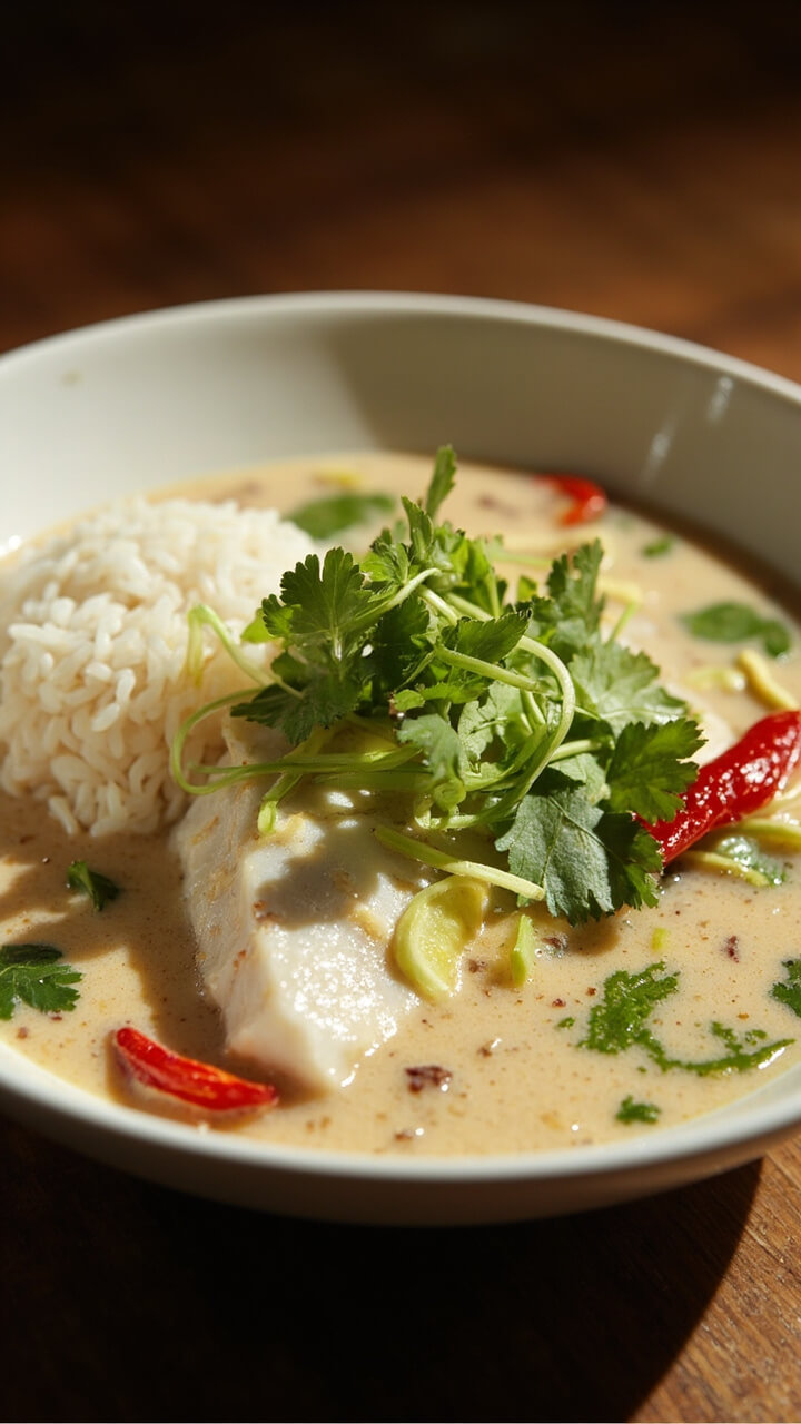 A wide, shallow bowl with a piece of white snapper floating in pale coconut broth, sprinkled with lime zest and cilantro, with slices of red chili peeking out. Jasmine rice mounded at one side. A wide, shallow bowl with a piece of white snapper floating in pale coconut broth, sprinkled with lime zest and cilantro, with slices of red chili peeking out. Jasmine rice mounded at one side.