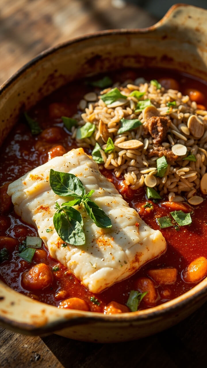 Baked halibut fillets nestled in a rustic ceramic baking dish, surrounded by chunky spiced tomato sauce, torn basil leaves scattered over top. Served with a scoop of brown rice pilaf. Baked halibut fillets nestled in a rustic ceramic baking dish, surrounded by chunky spiced tomato sauce, torn basil leaves scattered over top. Served with a scoop of brown rice pilaf.