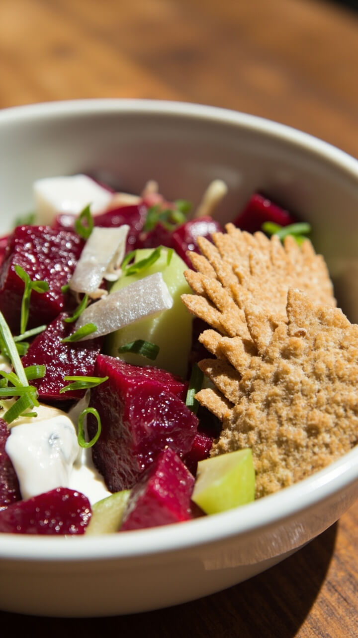 A clean white bowl with layers of ruby beet cubes, pickled herring pieces, and crisp green apple, all tossed in a light yogurt dressing and topped with snipped chives. Rye cracker pieces fan out on the side. A clean white bowl with layers of ruby beet cubes, pickled herring pieces, and crisp green apple, all tossed in a light yogurt dressing and topped with snipped chives. Rye cracker pieces fan out on the side.