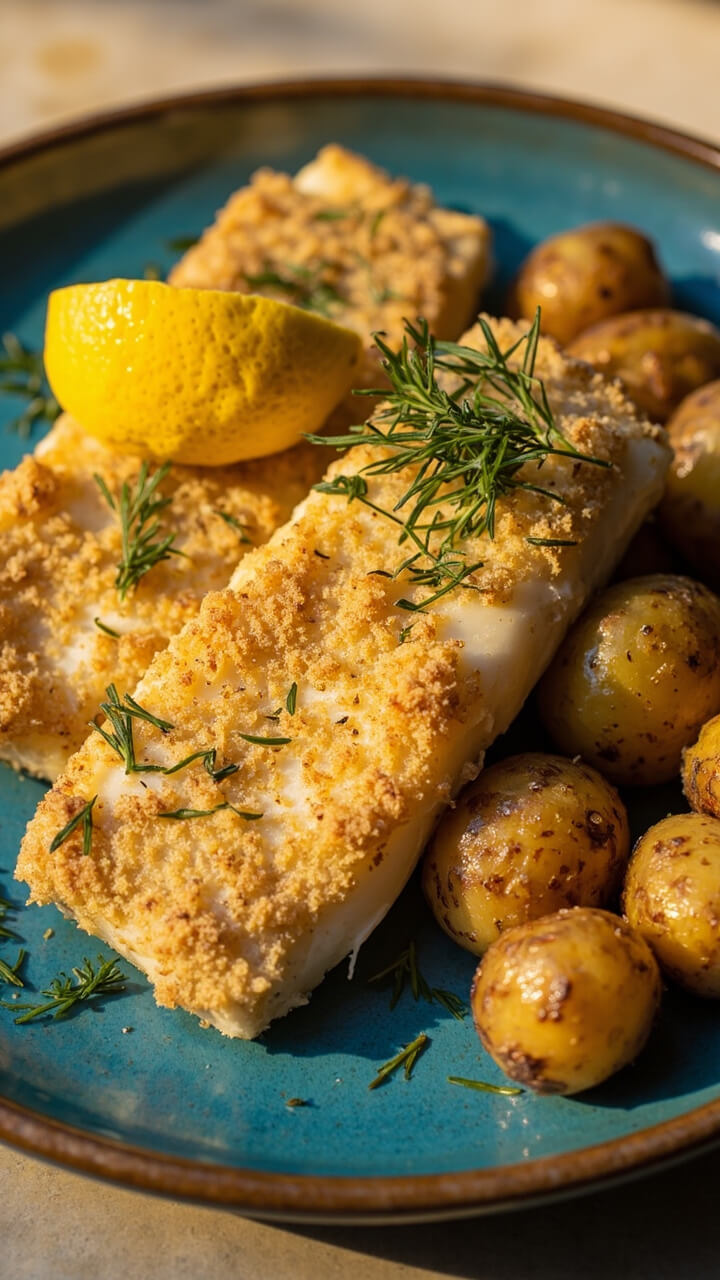 Golden-brown cod fillets with a crunchy flour crust, served on a blue ceramic plate, garnished with fresh dill and a wedge of lemon, beside roasted baby potatoes.