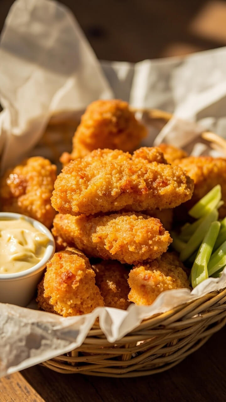 Crispy, golden-breaded catfish nuggets arranged in a basket lined with parchment, with a cup of creamy tartar dipping sauce and thinly sliced celery sticks.