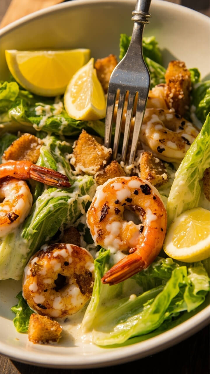A big shallow bowl filled with crisp romaine, grilled shrimp, glossy Caesar dressing, crunchy croutons, and a powdering of grated Parmesan. Lemon wedges rest on the edge, with a fork standing by.
