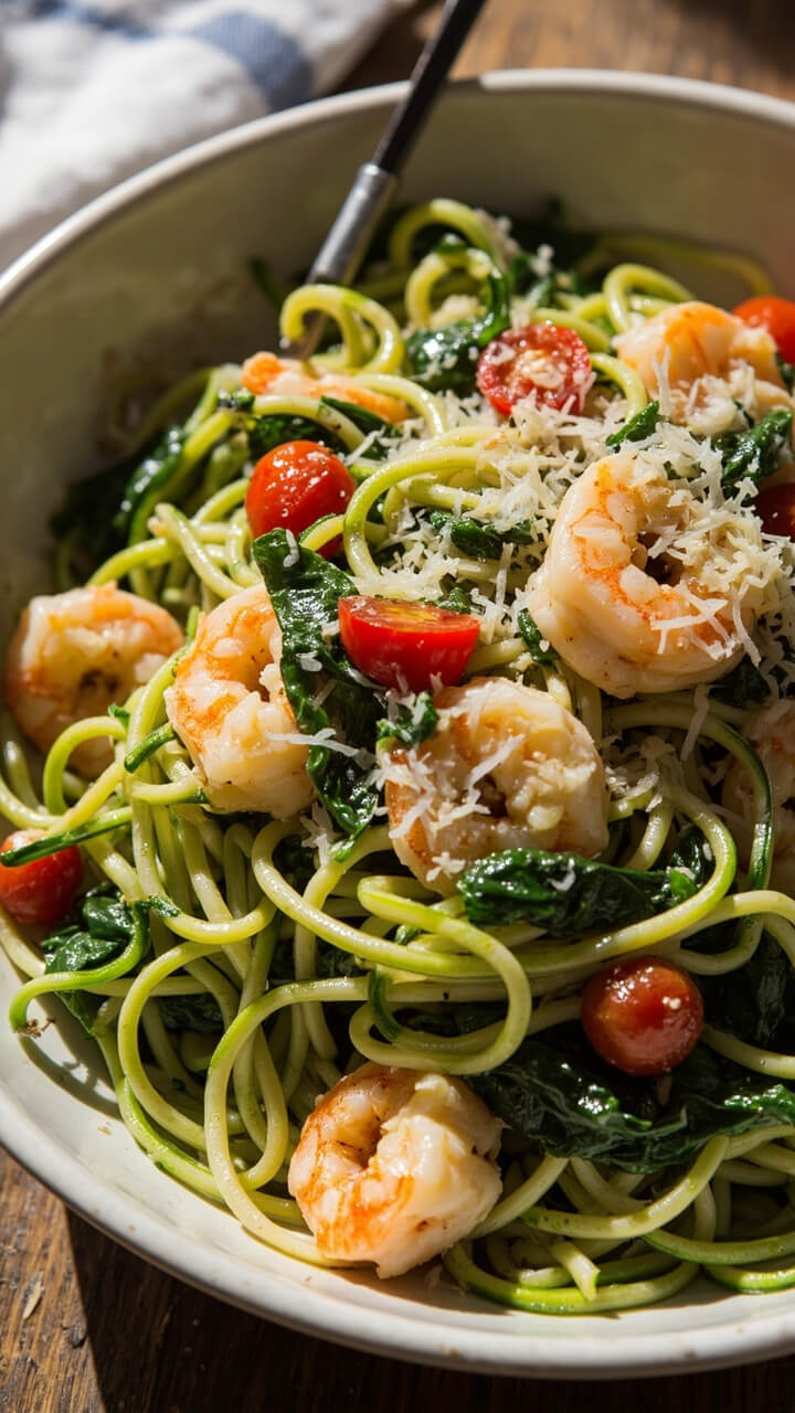A generous swirl of zucchini noodles mixed with sautéed shrimp, cherry tomato halves, and spinach, all glistening with a garlic-olive oil sauce. The zoodles are bright green, the shrimp are pink, and the tomatoes add pops of red. It’s served in a wide, shallow pasta bowl, with a sprinkle of grated Parmesan on top.