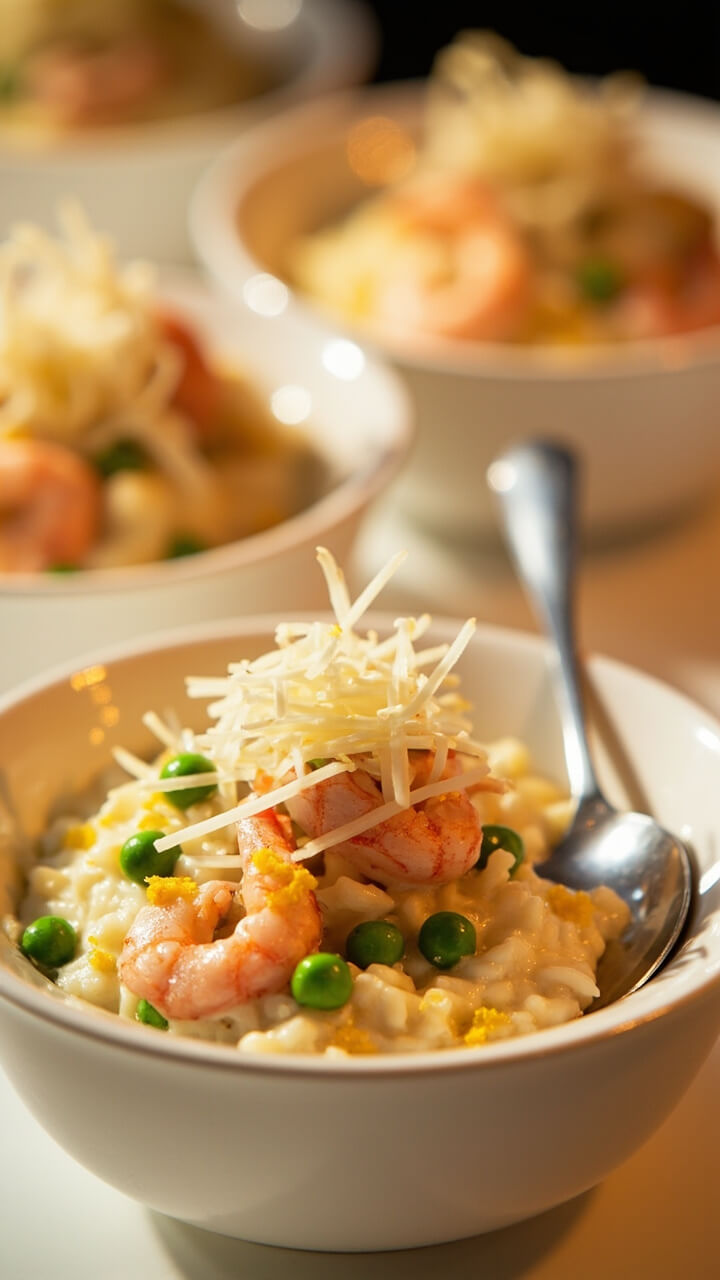 Creamy white risotto mounded in shallow bowls, studded with pink shrimp and bright green peas, finished with lemon zest and shaved parmesan, a serving spoon resting alongside.