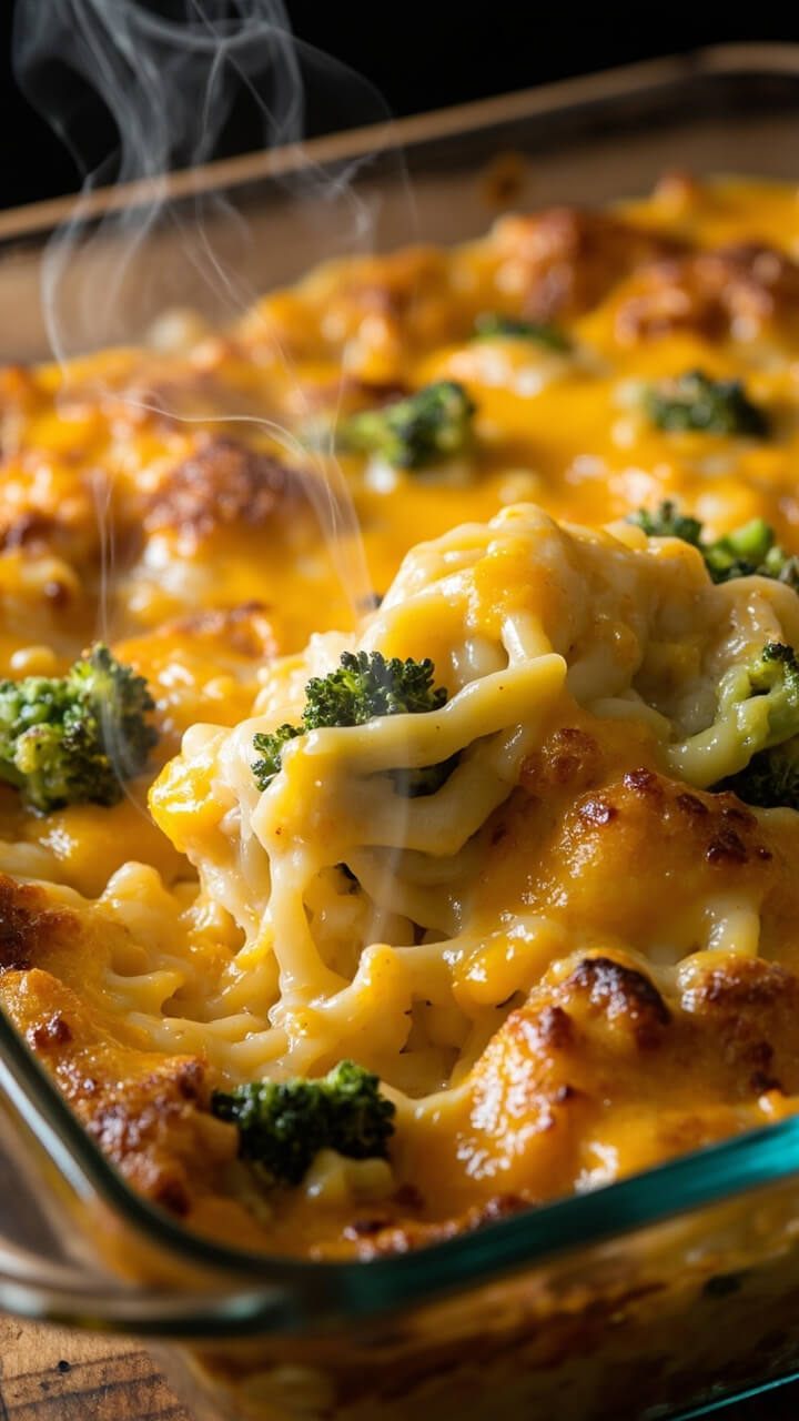 A rectangular glass baking dish overflowing with cheesy rice studded with small broccoli florets, all melting into a crispy cheddar top. A spatula rests by the side, with steam rising from the corner square.