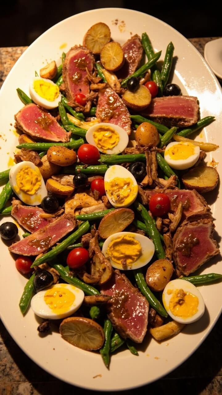 A large white serving platter with seared tuna slices fanned out, hard-boiled egg halves, blanched green beans, roasted potatoes, cherry tomatoes, briny olives, and artichoke hearts, all drizzled with Dijon vinaigrette. A large white serving platter with seared tuna slices fanned out, hard-boiled egg halves, blanched green beans, roasted potatoes, cherry tomatoes, briny olives, and artichoke hearts, all drizzled with Dijon vinaigrette.