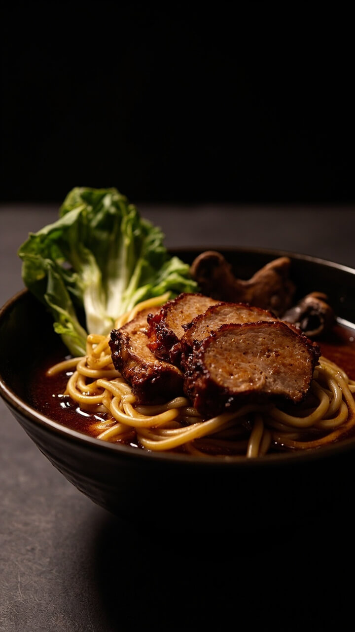 Rich, dark broth with ramen noodles, slices of crispy five-spice duck breast fanned on top, tucked with bok choy and a few shiitake mushrooms, all in a deep, dark ceramic bowl. Rich, dark broth with ramen noodles, slices of crispy five-spice duck breast fanned on top, tucked with bok choy and a few shiitake mushrooms, all in a deep, dark ceramic bowl.