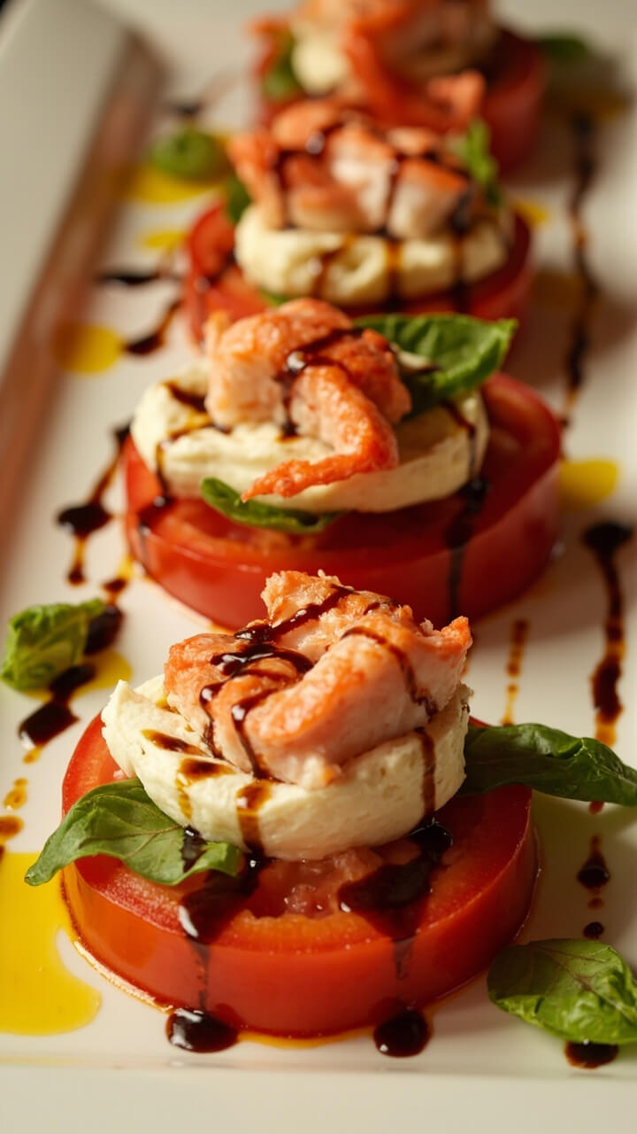 Thick slices of ripe tomato layered with rounds of fresh mozzarella and large lobster pieces, basil leaves tucked between each, finished with olive oil and balsamic reduction drizzle on a serving platter.