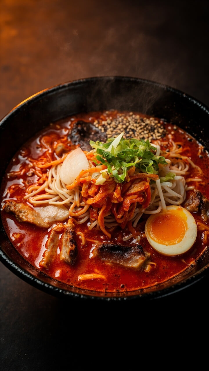Vivid red broth with ramen noodles, chopped kimchi, bits of pork, half-moons of radish, and a drizzle of chili oil, topped with sliced scallions and roasted sesame seeds in a deep black bowl. Vivid red broth with ramen noodles, chopped kimchi, bits of pork, half-moons of radish, and a drizzle of chili oil, topped with sliced scallions and roasted sesame seeds in a deep black bowl.