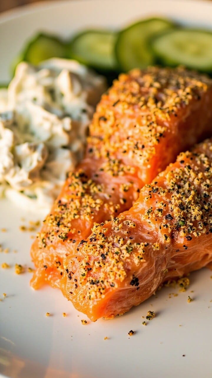 Salmon fillets topped generously with everything bagel seasoning, roasted until golden, on a white modern plate. Served with a scoop of herbed cream cheese and cucumber slices.
