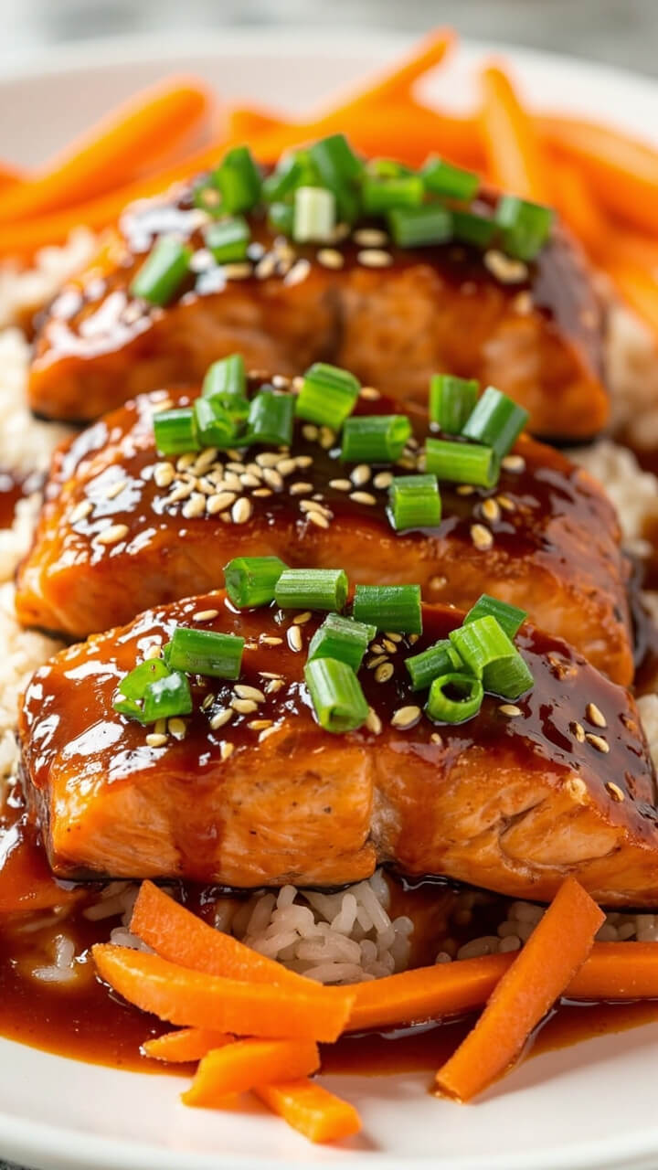 A row of salmon fillets glazed in shiny brown teriyaki, sprinkled with chopped green onions and a light scatter of sesame seeds. They’re served over a small pile of steamed rice and julienned carrots on a simple plate. A row of salmon fillets glazed in shiny brown teriyaki, sprinkled with chopped green onions and a light scatter of sesame seeds. They’re served over a small pile of steamed rice and julienned carrots on a simple plate.
