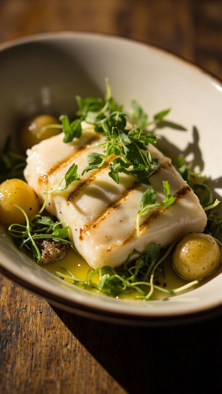 A flaky white halibut fillet nestled in a shallow rimmed bowl, sitting in a pale white wine-shallot broth. Topped with fresh chives and microgreens, surrounded by a few tiny boiled potatoes.