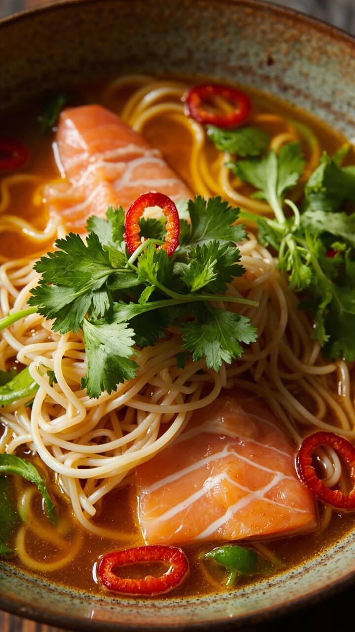A deep bowl with clear golden broth, pink salmon flakes, long rice noodles, sliced green onions, red chili rings, and sprigs of cilantro.