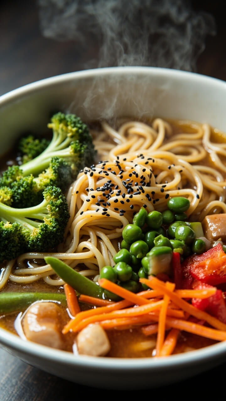 A white bowl packed with ramen noodles in a golden broth, top-loaded with broccoli florets, sugar snap peas, julienned carrots, and chunks of red bell pepper, all sprinkled with black sesame seeds.