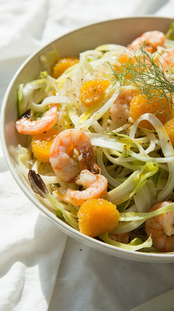 A wide shallow salad bowl filled with thin ribbons of pale green fennel, pink boiled shrimp, orange segments, a sprinkle of fennel fronds, and a drizzle of olive oil, all set on top of a crisp white linen.
