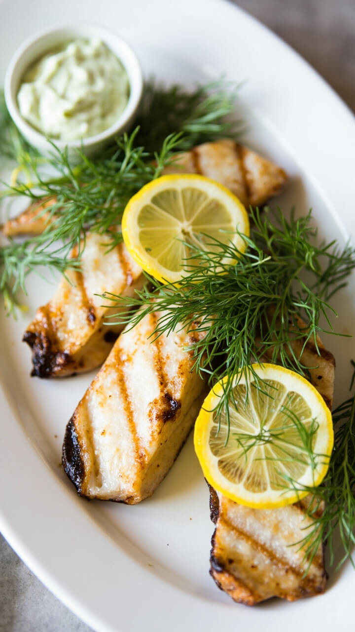 Delicate trout fillets, grill-marked and topped with fresh dill sprigs and lemon slices, arranged neatly on an oval plate, with a side ramekin of creamy dill sauce.