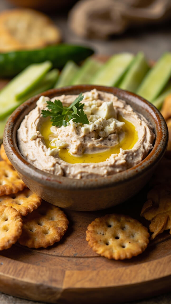 A small rustic ceramic bowl filled with creamy pinkish tuna dip, topped with a swirl of olive oil, crumbled feta, and a few sprigs of fresh parsley. Surrounded by sliced cucumbers and crackers on a wooden snack board. A small rustic ceramic bowl filled with creamy pinkish tuna dip, topped with a swirl of olive oil, crumbled feta, and a few sprigs of fresh parsley. Surrounded by sliced cucumbers and crackers on a wooden snack board.