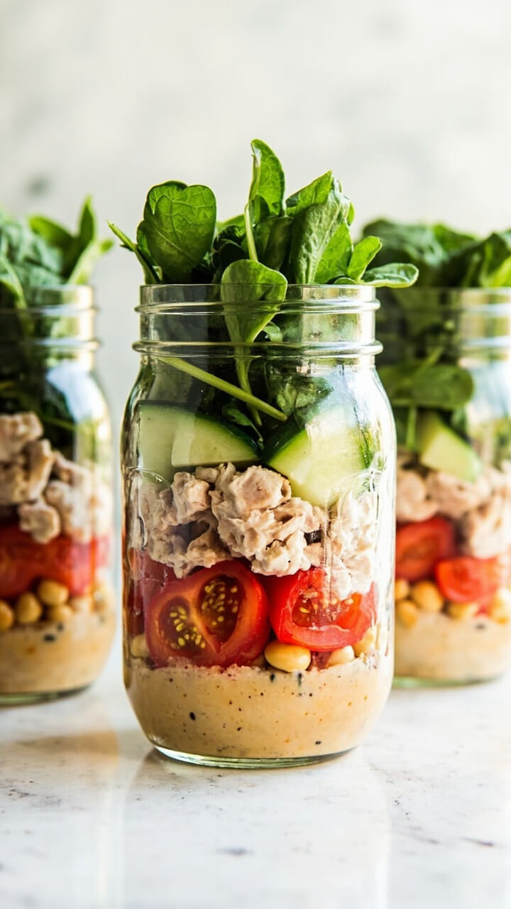Mason jars layered with chickpeas, chunks of tuna, diced cucumber, halved cherry tomatoes, and baby spinach, with creamy dressing at the bottom. All the layers are defined and vibrant. Mason jars layered with chickpeas, chunks of tuna, diced cucumber, halved cherry tomatoes, and baby spinach, with creamy dressing at the bottom. All the layers are defined and vibrant.