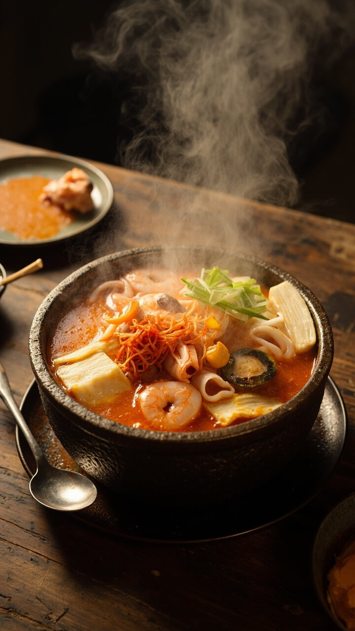 A cast-iron pot at a table’s center, filled with steaming orange-red broth loaded with shrimp, squid rings, clams, chunks of tofu, napa cabbage, kimchi, and sliced scallions, with a large spoon for serving. A cast-iron pot at a table’s center, filled with steaming orange-red broth loaded with shrimp, squid rings, clams, chunks of tofu, napa cabbage, kimchi, and sliced scallions, with a large spoon for serving.