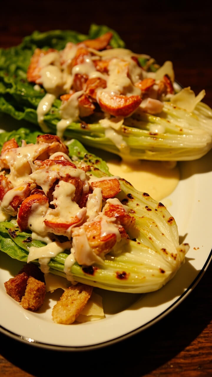 Grilled romaine halves on an oval serving platter, topped with lobster pieces, Caesar dressing, shavings of Parmesan cheese, and homemade croutons, with grill marks visible on the lettuce.