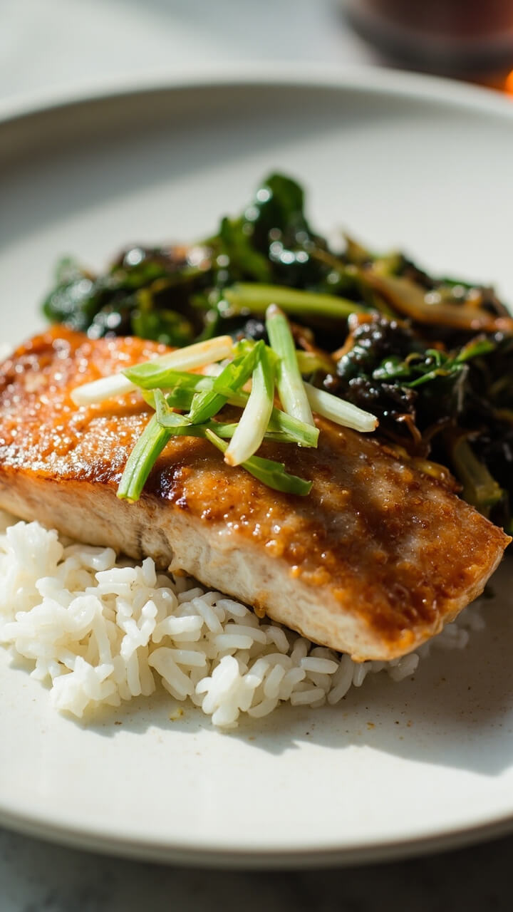 Glazed fillets of sea bass with a deep amber shine, served over a bed of steamed rice on a minimalist white plate. Scattered with sliced scallions and a tangle of sautéed baby bok choy on the side.