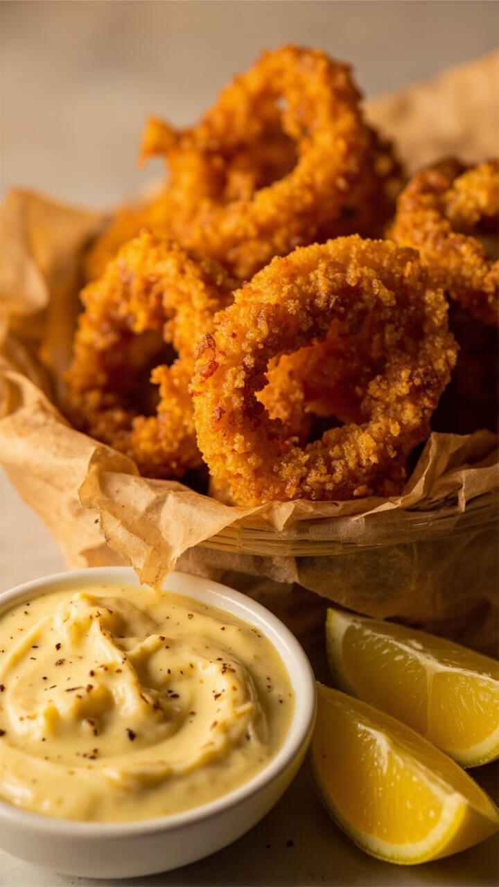 Golden fried calamari rings served in a parchment-lined basket, with a small bowl of creamy garlic aioli, and lemon wedges nestled to the side. Golden fried calamari rings served in a parchment-lined basket, with a small bowl of creamy garlic aioli, and lemon wedges nestled to the side.