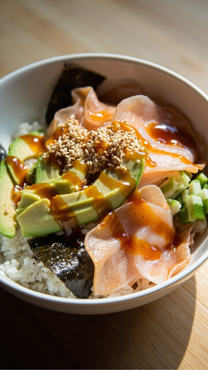 A wide white bowl layered with sushi rice, slices of ripe avocado, smoked salmon ribbons, cucumber matchsticks, sesame seeds, nori strips, and a drizzle of soy sauce.