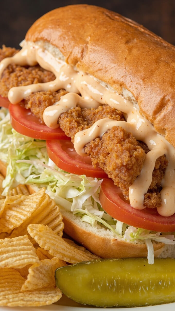 A toasted hoagie roll stuffed with three pieces of golden, battered fish, topped with shredded iceberg lettuce, tomato slices, and a generous swipe of spicy remoulade. Plated with a dill pickle spear and kettle chips. A toasted hoagie roll stuffed with three pieces of golden, battered fish, topped with shredded iceberg lettuce, tomato slices, and a generous swipe of spicy remoulade. Plated with a dill pickle spear and kettle chips.