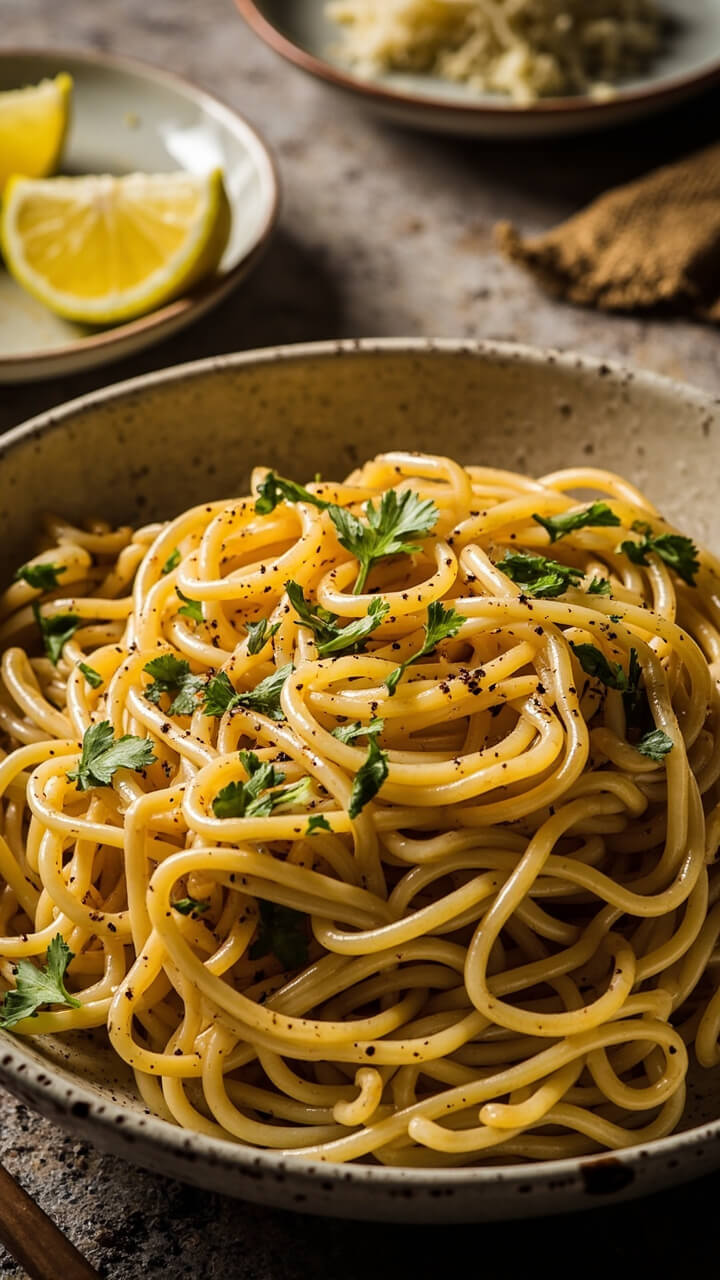 A rustic white shallow bowl of glossy ramen noodles tossed in golden garlic butter, speckled with parsley and cracked black pepper. Lemon wedges sit on the side, and a small dish of parmesan cheese is nearby. A rustic white shallow bowl of glossy ramen noodles tossed in golden garlic butter, speckled with parsley and cracked black pepper. Lemon wedges sit on the side, and a small dish of parmesan cheese is nearby.