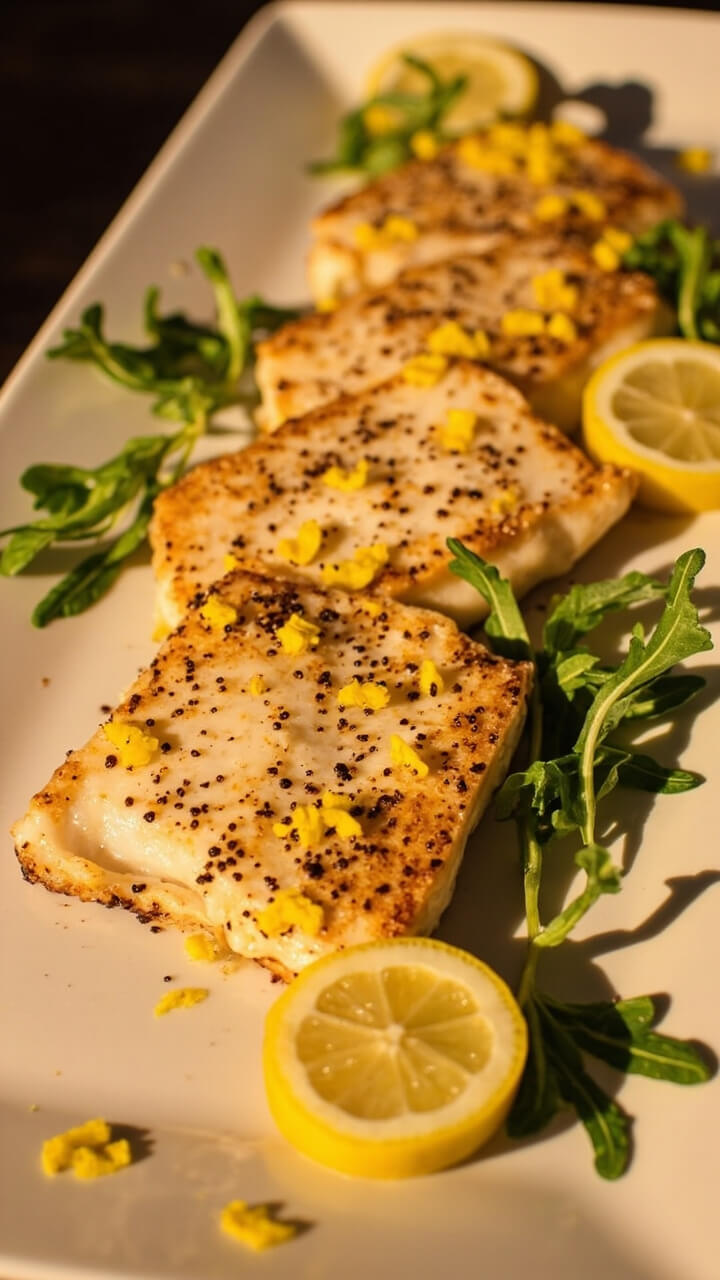 A neat fan of lemon-pepper cod fillets on a cream rectangular plate, sprinkled with flecks of black pepper and fresh lemon zest, paired with a few baby arugula leaves and extra lemon slices. A neat fan of lemon-pepper cod fillets on a cream rectangular plate, sprinkled with flecks of black pepper and fresh lemon zest, paired with a few baby arugula leaves and extra lemon slices.