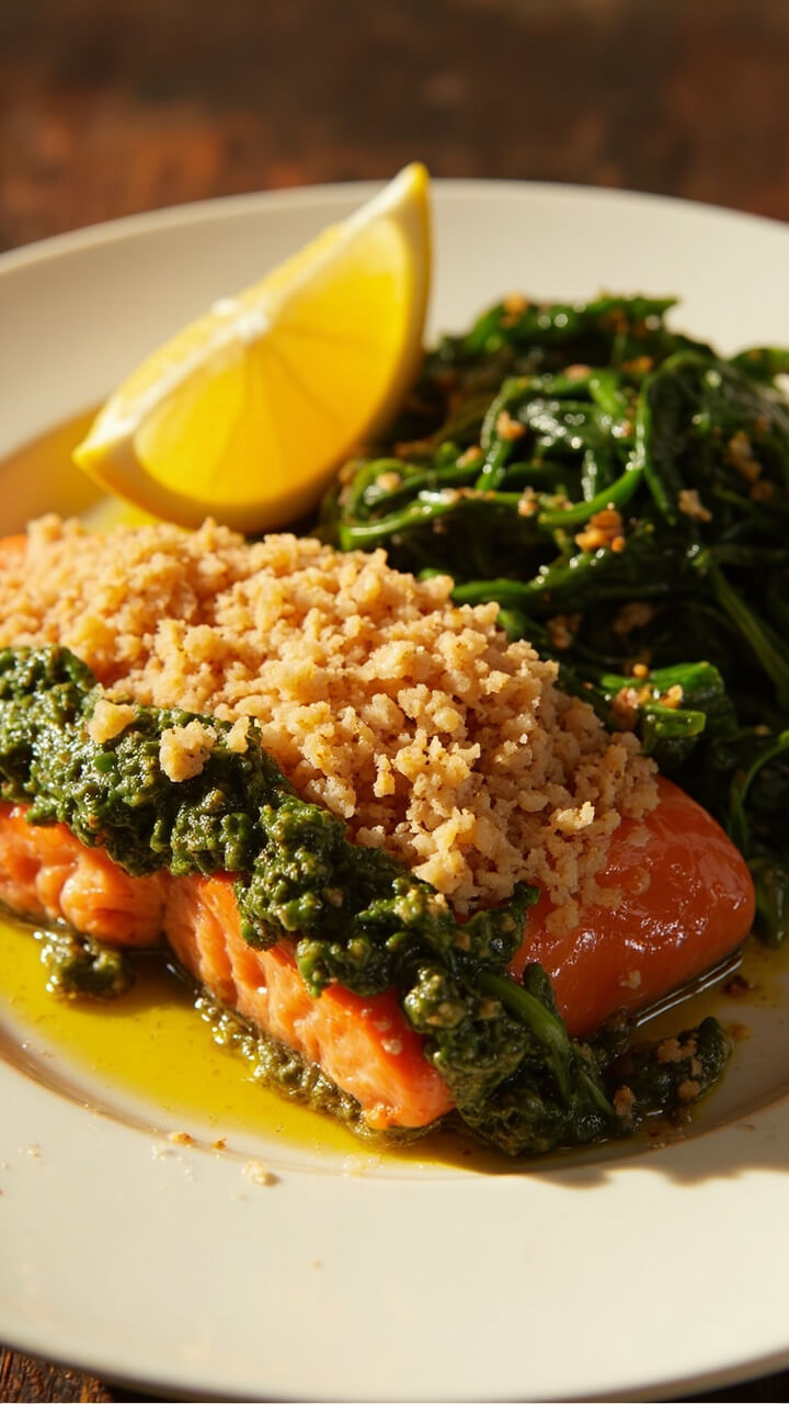 Salmon fillet topped with a verdant-green pesto and golden panko crust. Served on a white plate with a side of garlicky sautéed spinach and a lemon wedge.