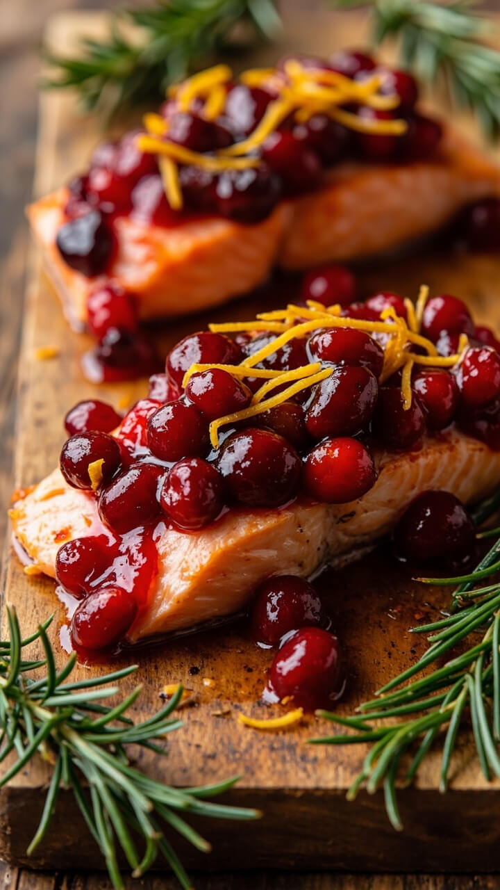 Salmon fillets topped with shiny cranberry-orange compote, served on a rustic wood board with sprigs of rosemary around the edges. Deep red cranberries contrast with orange zest ribbons scattered on top. Salmon fillets topped with shiny cranberry-orange compote, served on a rustic wood board with sprigs of rosemary around the edges. Deep red cranberries contrast with orange zest ribbons scattered on top.