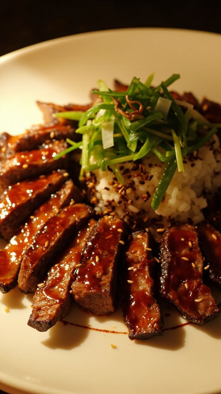 Thinly sliced skirt steak grilled with a glistening sesame-soy glaze, laid over steamed rice, sprinkled with sesame seeds and thinly sliced green onions. Thinly sliced skirt steak grilled with a glistening sesame-soy glaze, laid over steamed rice, sprinkled with sesame seeds and thinly sliced green onions.