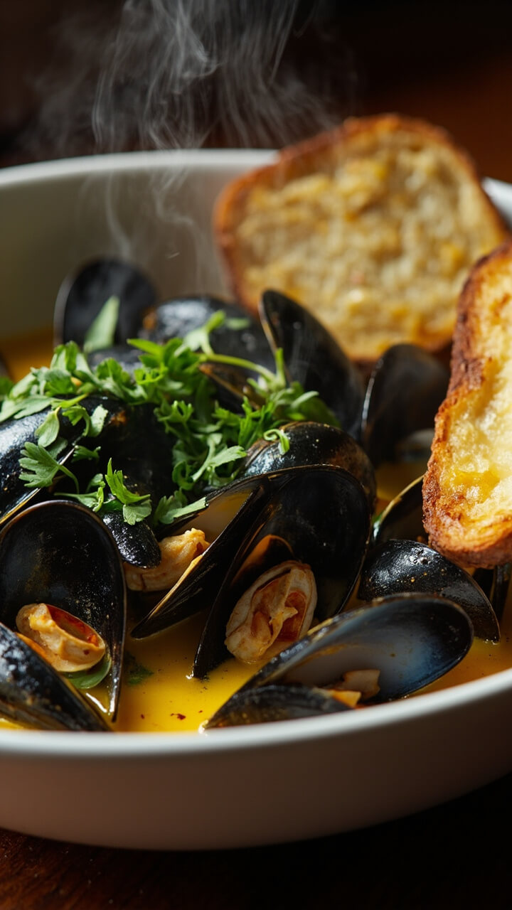 A deep white bowl brimming with steamed mussels in their shells, bathed in a golden saffron and white wine broth, sprinkled with chopped parsley and served with toasted garlic bread on the side. A deep white bowl brimming with steamed mussels in their shells, bathed in a golden saffron and white wine broth, sprinkled with chopped parsley and served with toasted garlic bread on the side.