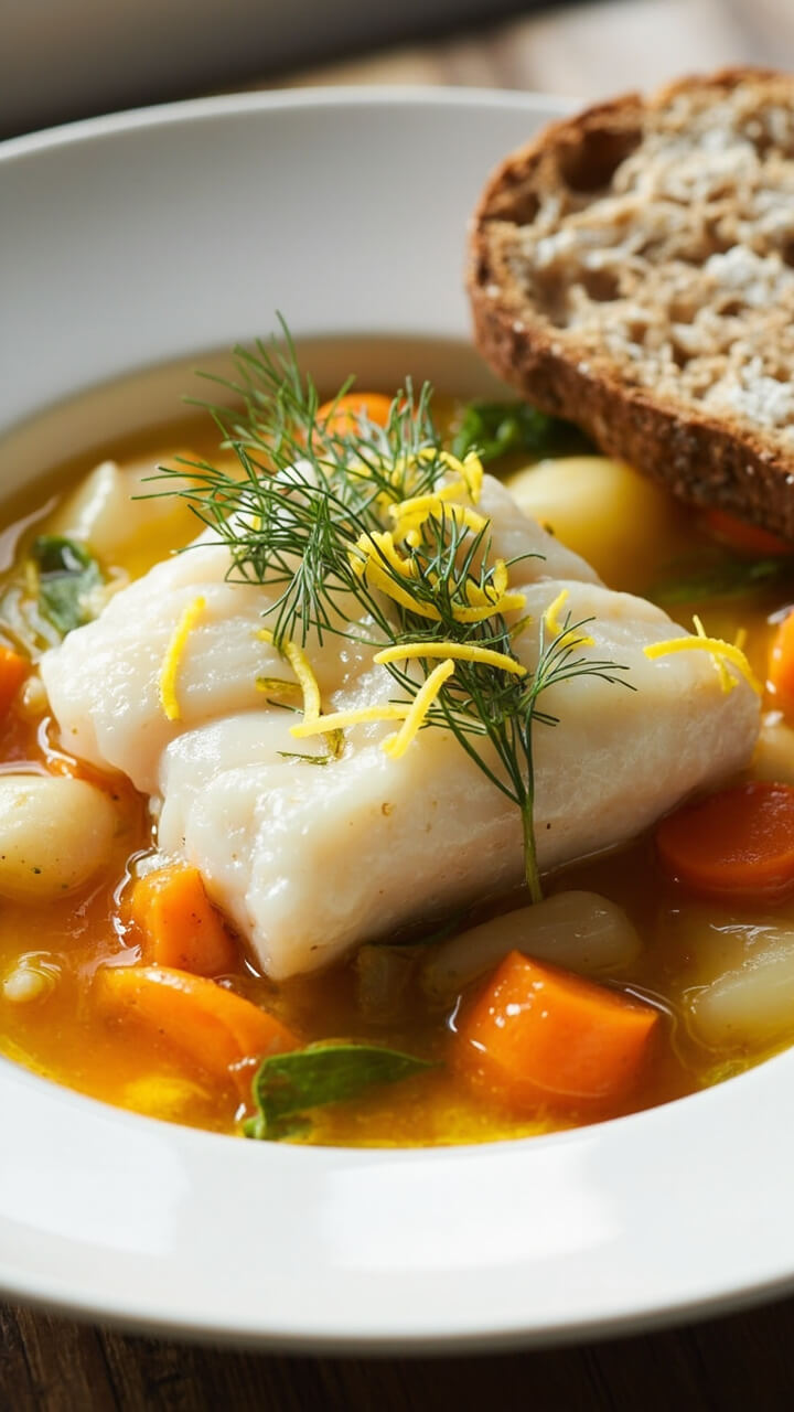 A wide white bowl with poached cod nestled on top of slices of carrot and parsnip, bathed in clear lemony broth, garnished with fresh dill sprigs and lemon zest. Crusty whole-grain bread sits at the side. A wide white bowl with poached cod nestled on top of slices of carrot and parsnip, bathed in clear lemony broth, garnished with fresh dill sprigs and lemon zest. Crusty whole-grain bread sits at the side.