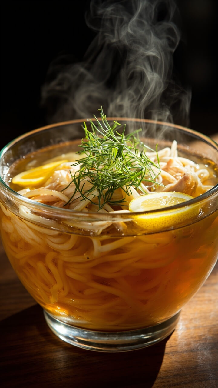 Steaming soup with lemon slices floating in a clear broth, tender ramen noodles, poached chicken, slivers of ginger, and fresh dill sprinkled on top. Served in a clear glass bowl to show off the golden color. Steaming soup with lemon slices floating in a clear broth, tender ramen noodles, poached chicken, slivers of ginger, and fresh dill sprinkled on top. Served in a clear glass bowl to show off the golden color.