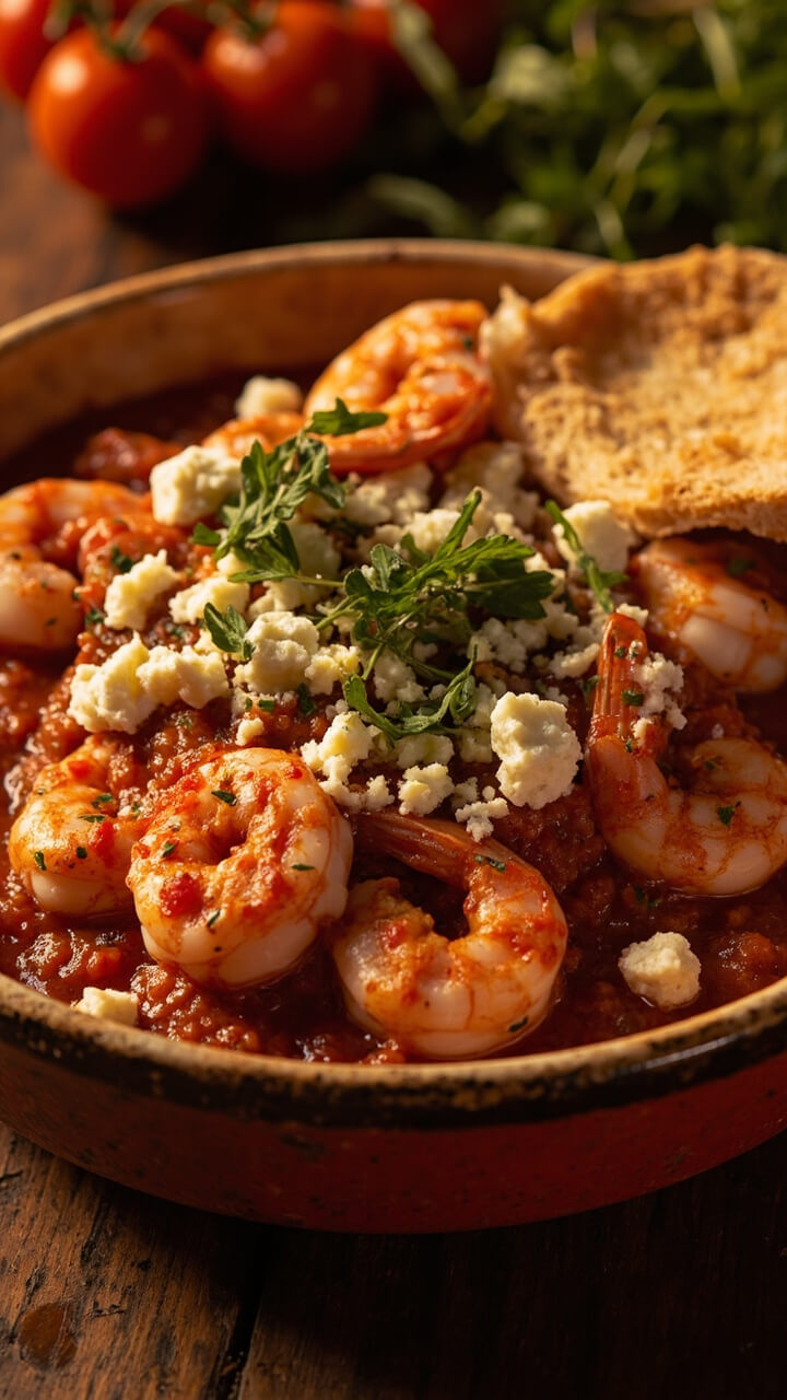 A rustic shallow dish holds shrimp cooked in a bright tomato sauce, topped with crumbled feta and sprinkled with fresh oregano. The shrimp peek through the chunky tomato base, and the cheese is slightly melted. Served with warm pita bread on the side.