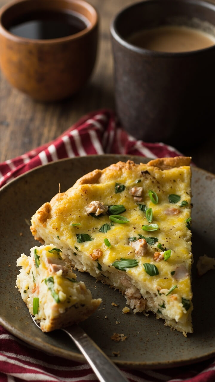 A wedge of frittata filled with tender chunks of potato, flaked crab, and specks of green herbs, arranged on a stoneware plate. The top is golden with a few chives scattered across. There’s a mug of coffee and a red-striped napkin nearby. A wedge of frittata filled with tender chunks of potato, flaked crab, and specks of green herbs, arranged on a stoneware plate. The top is golden with a few chives scattered across. There’s a mug of coffee and a red-striped napkin nearby.