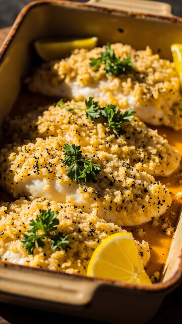 Cod fillets coated in herbed breadcrumbs, arranged in a ceramic baking dish. The crust is golden brown with bits of parsley and flecks of black pepper. Lemon wedges are tucked at the corners of the dish, and a sprinkle of fresh parsley is on top. Cod fillets coated in herbed breadcrumbs, arranged in a ceramic baking dish. The crust is golden brown with bits of parsley and flecks of black pepper. Lemon wedges are tucked at the corners of the dish, and a sprinkle of fresh parsley is on top.