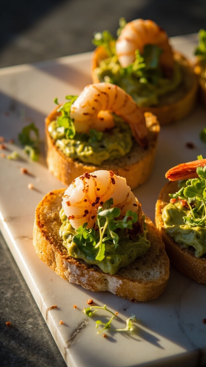 Crisp toasted baguette rounds layered with smashed avocado and a plump shrimp on top, sprinkled with chili flakes and microgreens, arranged on a marble board. Crisp toasted baguette rounds layered with smashed avocado and a plump shrimp on top, sprinkled with chili flakes and microgreens, arranged on a marble board.