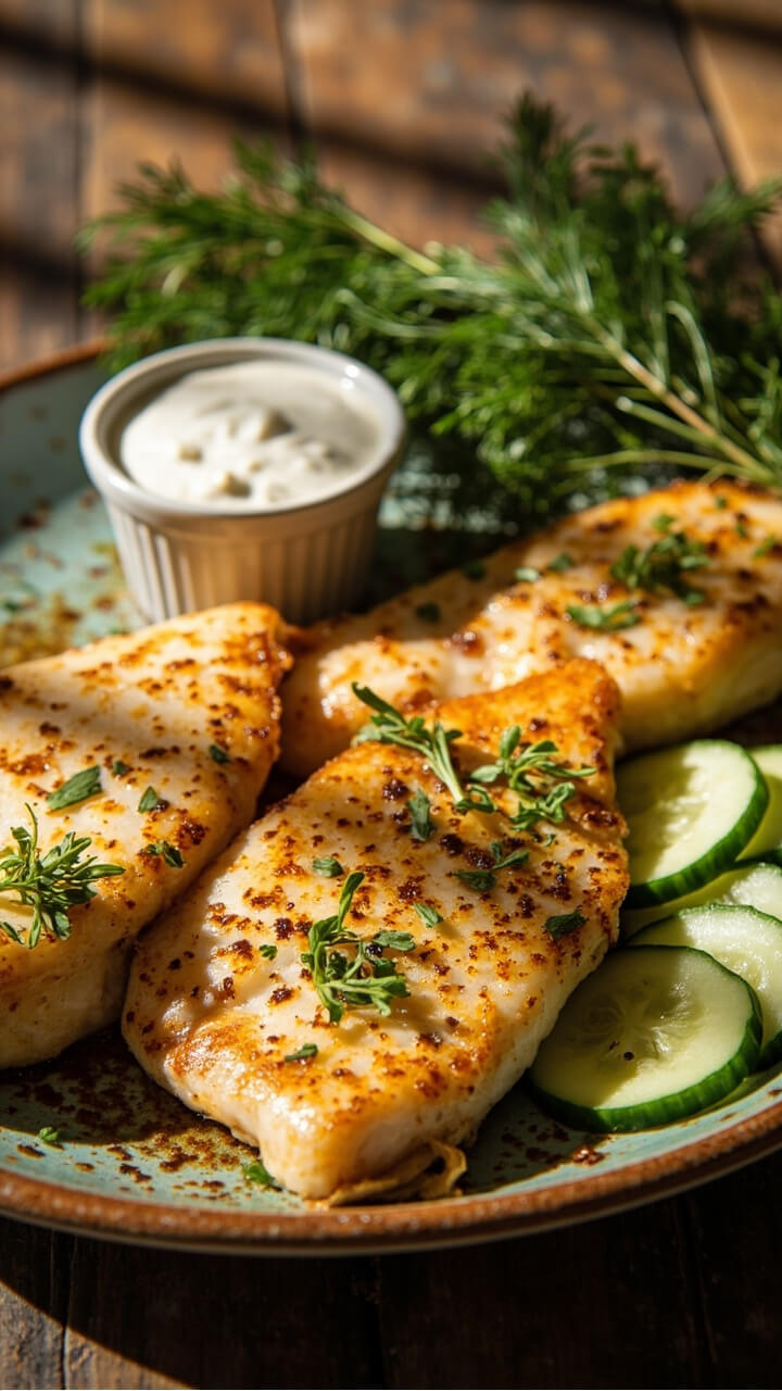Golden catfish fillets on a farmhouse plate, flecked with green herbs from the ranch coating. Fresh dill and a cup of creamy ranch on the side. A few cucumber slices for garnish.
