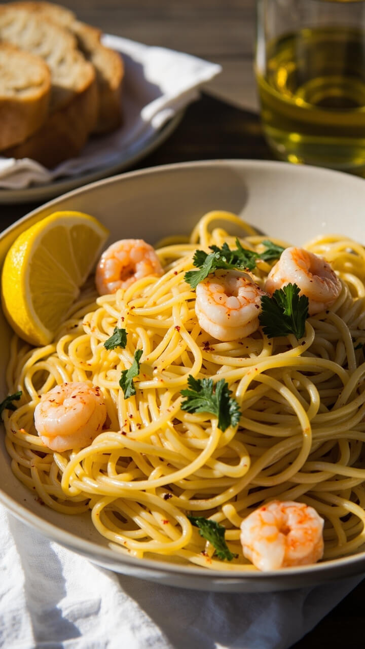 A shallow bowl mounded with spaghetti, glistening with buttery lemon sauce and crowned with pink shrimp. Bright parsley and flecks of red pepper flakes are scattered on top, with a wedge of lemon on the rim. Thick slices of bread wait on a napkin nearby.