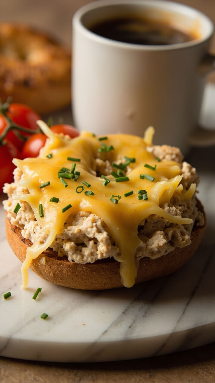 An open-faced everything bagel half generously topped with melty Swiss cheese, creamy tuna salad spread, finished with chopped chives, set on a marble plate with a couple of cherry tomatoes and a cup of coffee. An open-faced everything bagel half generously topped with melty Swiss cheese, creamy tuna salad spread, finished with chopped chives, set on a marble plate with a couple of cherry tomatoes and a cup of coffee.