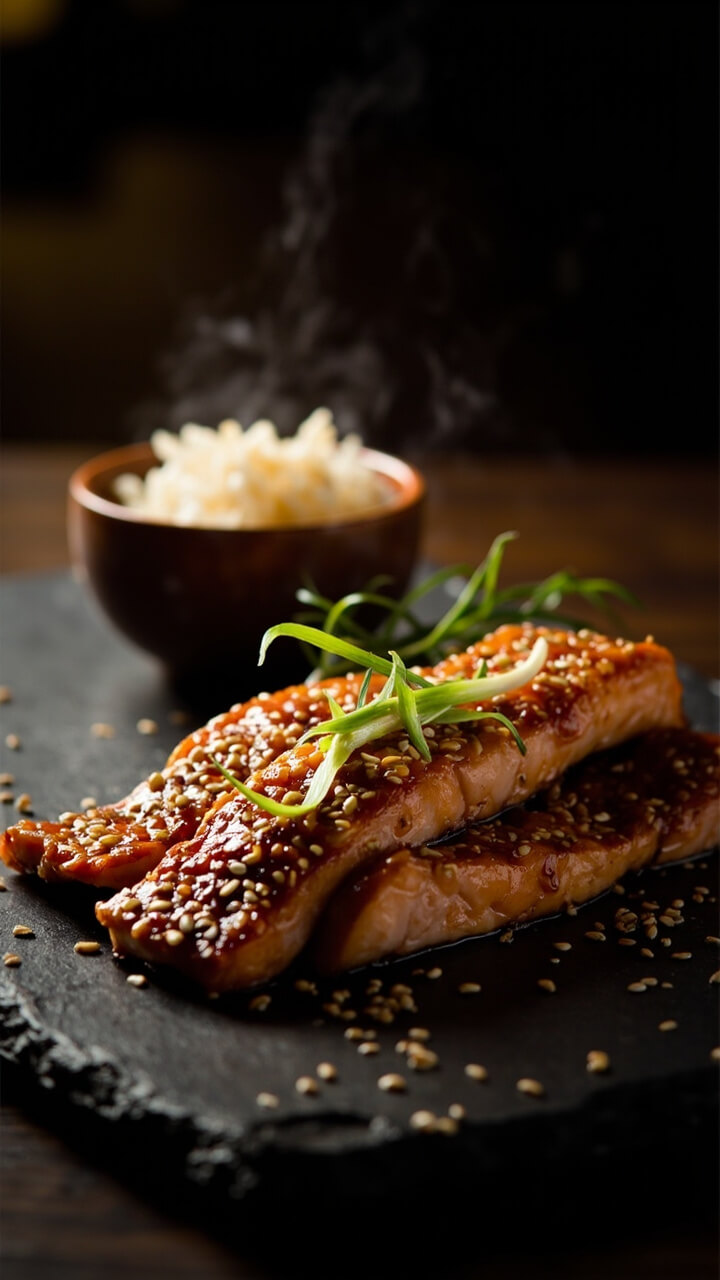 Salmon fillets glazed golden brown, served on a slate plate, topped with chopped scallions and sesame seeds. Small bowl of steamed jasmine rice on the side. Salmon fillets glazed golden brown, served on a slate plate, topped with chopped scallions and sesame seeds. Small bowl of steamed jasmine rice on the side.