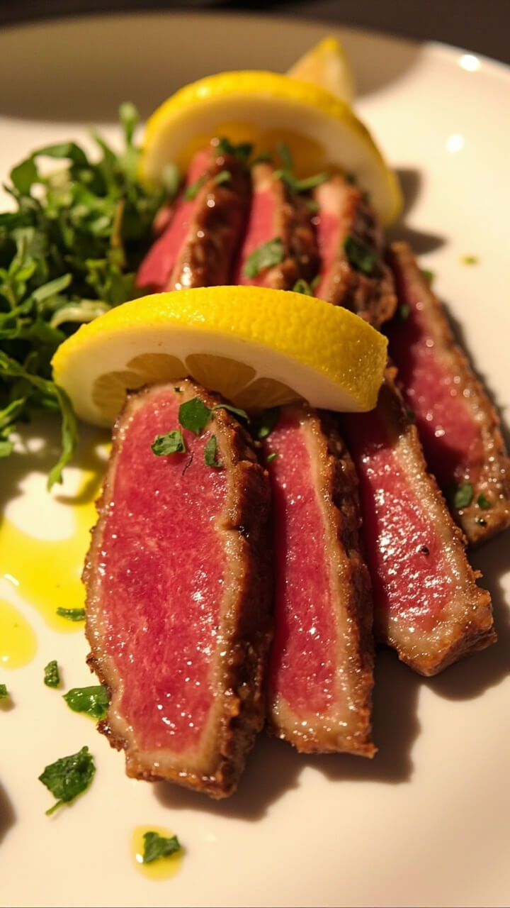 A thick, seared tuna steak sliced and fanned on a white plate, the outside browned and center a vibrant pink, garnished with lemon wedges and chopped parsley. Drizzled with olive oil, served alongside a small pile of arugula.