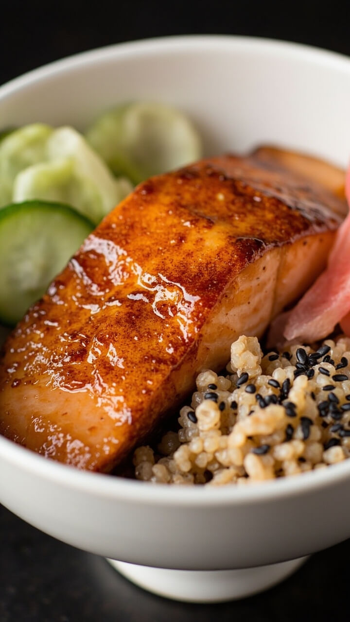 A caramel-brown piece of salmon, glossy from miso glaze, rests on a shallow white bowl with brown rice, shaved cucumber, and pickled ginger slices. Black sesame seeds are sprinkled over the top. A caramel-brown piece of salmon, glossy from miso glaze, rests on a shallow white bowl with brown rice, shaved cucumber, and pickled ginger slices. Black sesame seeds are sprinkled over the top.
