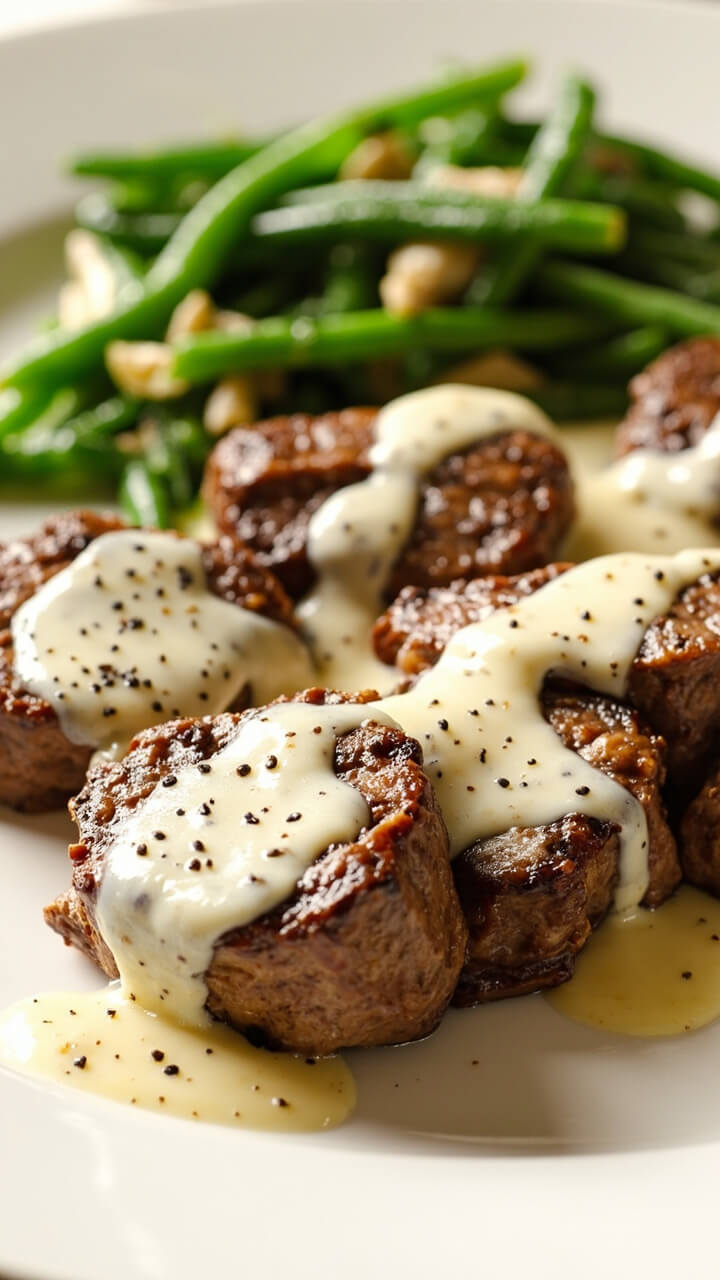 Sirloin steak medallions topped with a velvety pale blue cheese cream sauce, garnished with fresh black pepper, plated next to garlicky green beans. Sirloin steak medallions topped with a velvety pale blue cheese cream sauce, garnished with fresh black pepper, plated next to garlicky green beans.